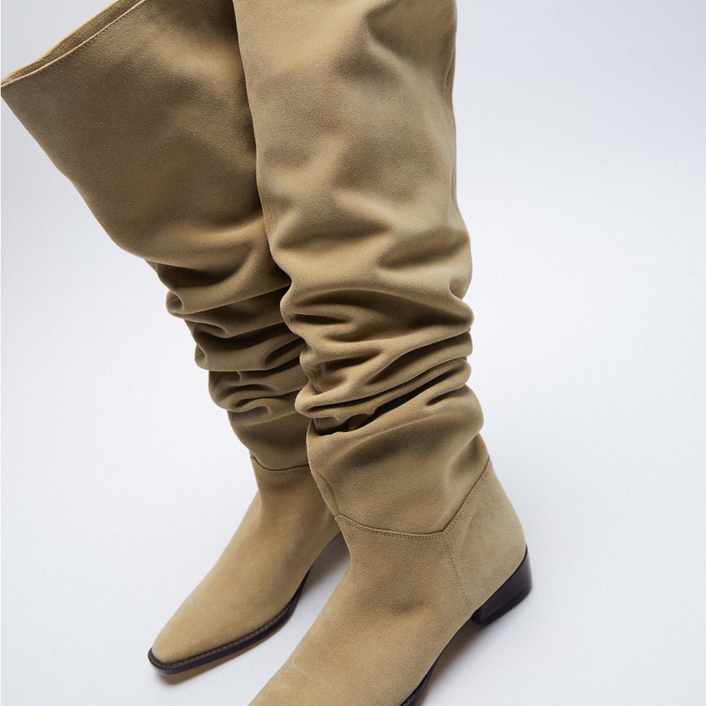 NWT Zara LOW HEEL SPLIT LEATHER HIGH SHAFT BOOTS Size 6.5 (37)